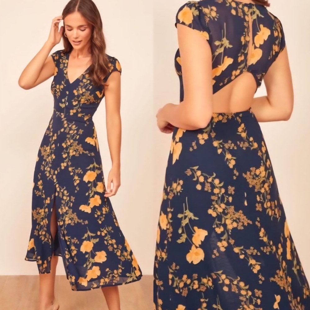 Reformation Wellfleet Dress Bernadette Floral Navy Orange Midi Length Cut Out 8